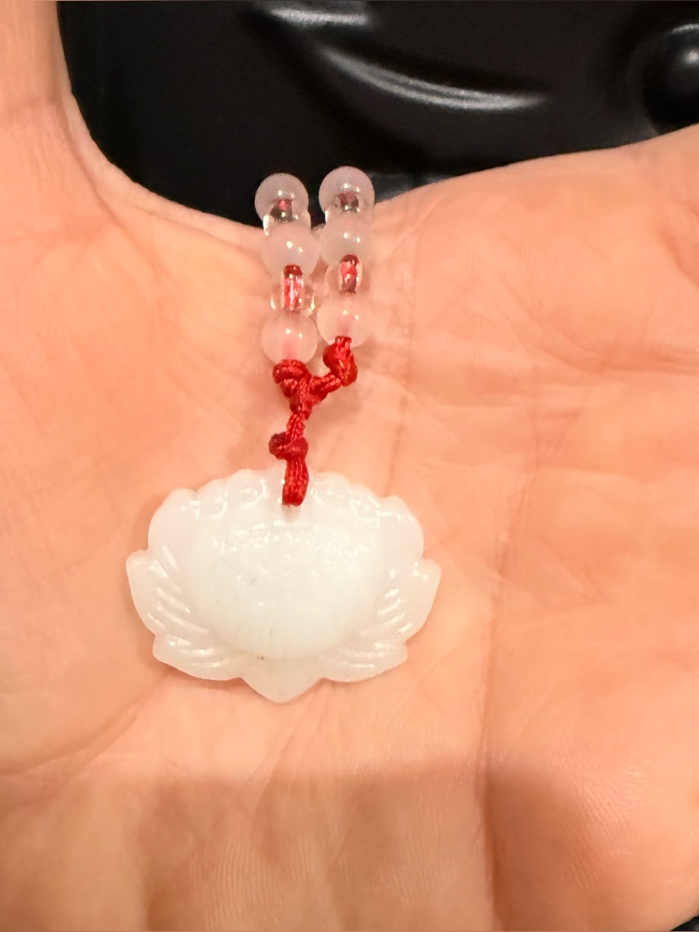White Jade Floral Pendant Necklace on Red silk Cord